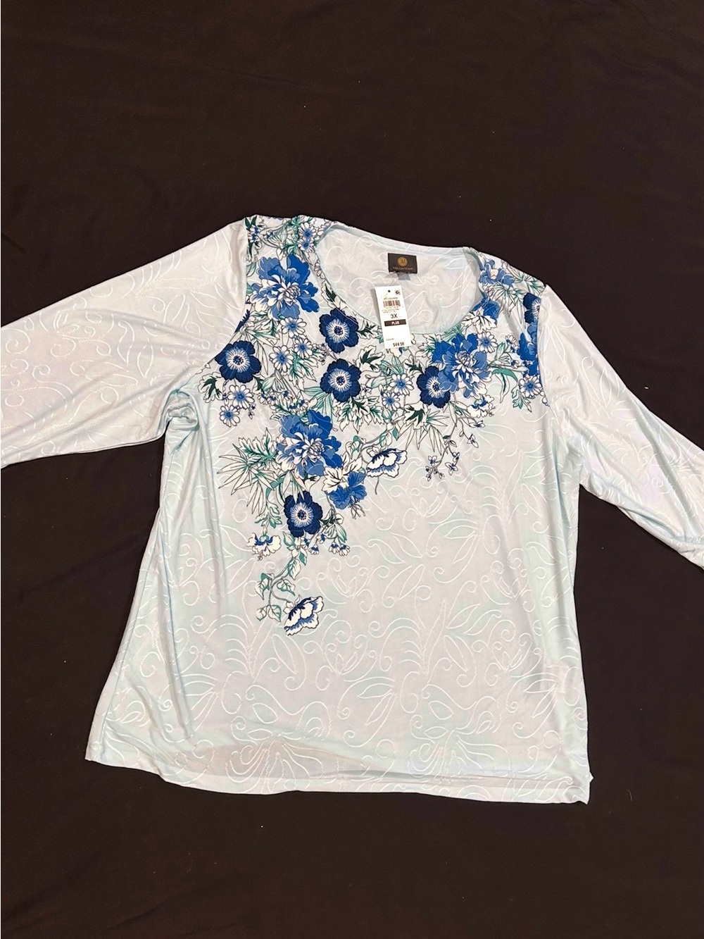JM Collection Light Blue Long Sleeve Scoop Neck Top with Blue Floral Print